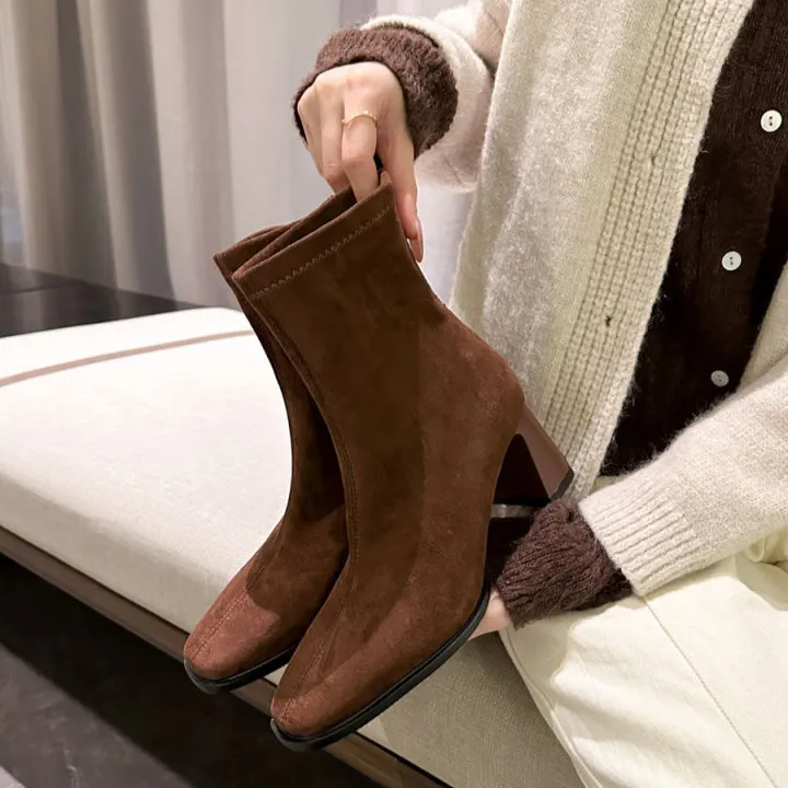 UHCK方头粗跟短靴复古气质弹力靴显高显瘦法式踝靴棕色绒面高跟瘦