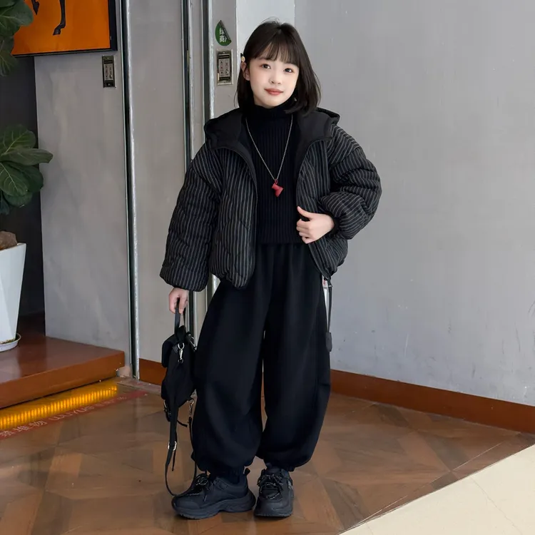 韩系男女童条纹花式航线连帽棉衣冬季面包服夹棉加绒灯笼裤保暖潮