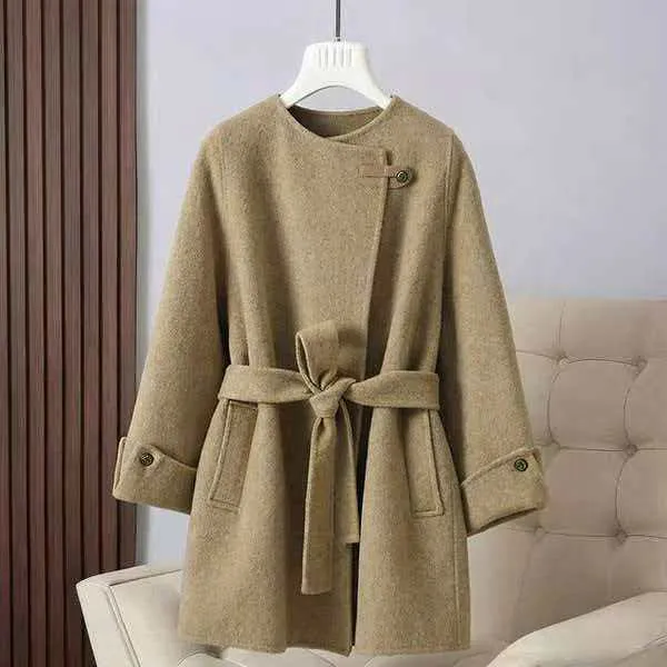 秋冬新款高端双面毛呢大衣单粒扣腰带中长款百搭气质大衣-DY0191
