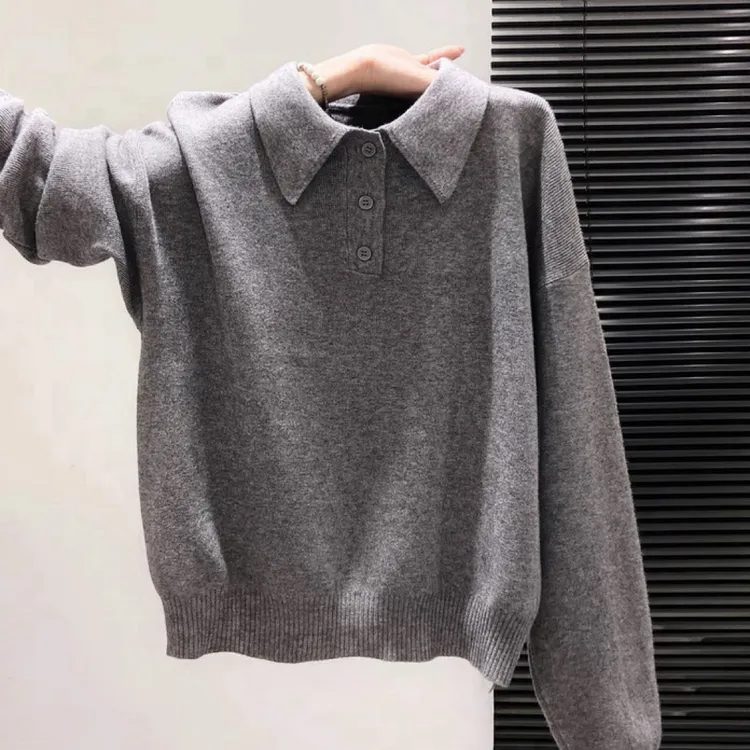 【80-180斤】POLO领简约百搭打底衫女秋冬高级感内搭外穿慵懒风上衣