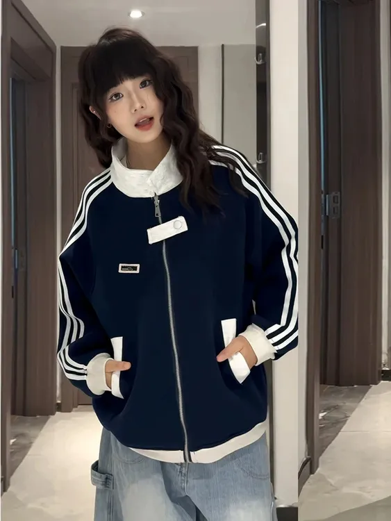 院风藏青色条纹长袖卫衣直筒秋冬学生ins休闲撞色冬拼接立领宽松