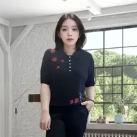 韩衣奇迹大码显瘦夏新款小狗玫瑰刺绣POLO领短袖薄针织套头衫女