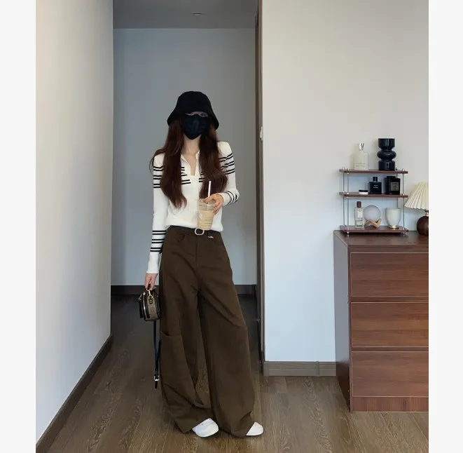 美式黑色工装裤女2025年冬季新款小个子阔腿牛仔裤加绒宽松长裤潮