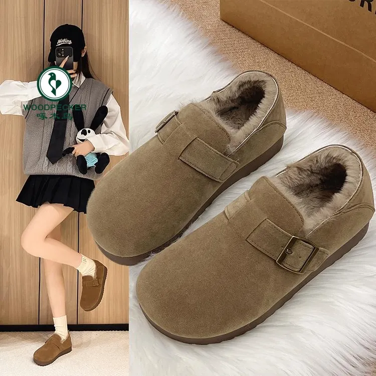 啄木鸟厚底全包勃肯女鞋加绒豆豆鞋新款冬季一脚蹬毛毛鞋博肯棉鞋