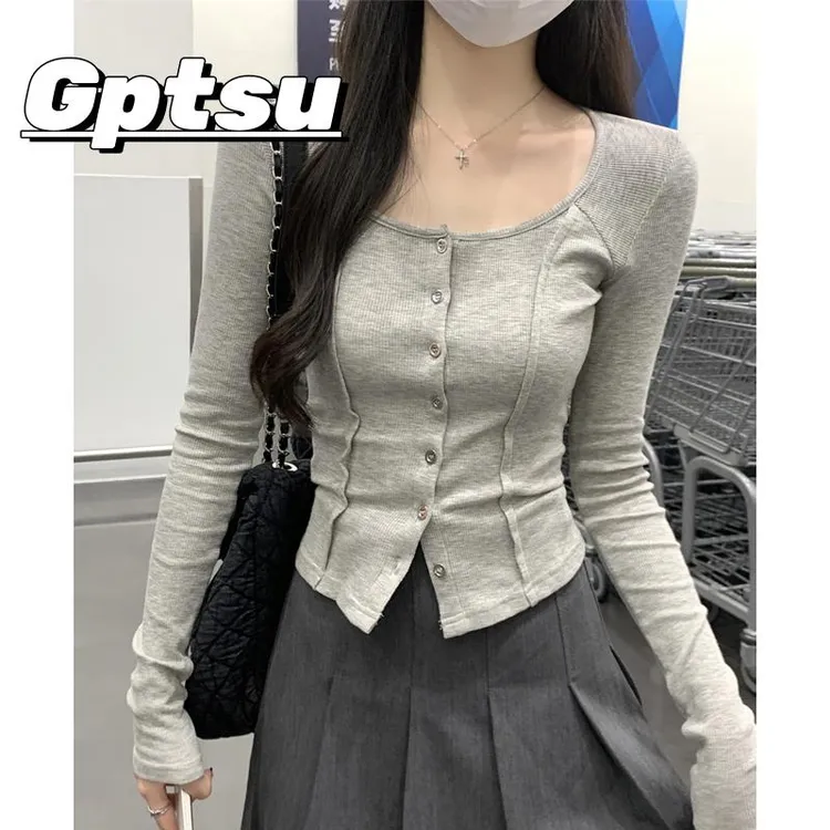 GPTSu高级感韩版气质修身针织开衫女早秋新款鱼骨别致长袖小上衣