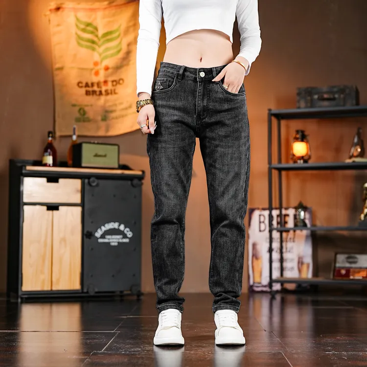 2025男士牛仔裤轻奢高端牛仔裤黑色拉链韩版百搭中腰秋冬长裤子男