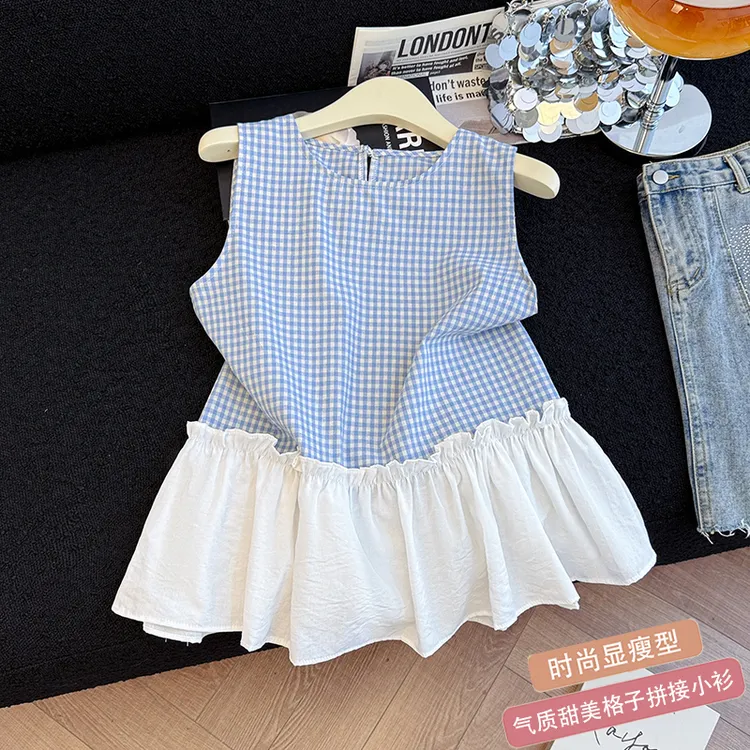 时尚格子拼接无袖背心上衣女2025夏季新款韩版百搭减龄荷叶边衬衫