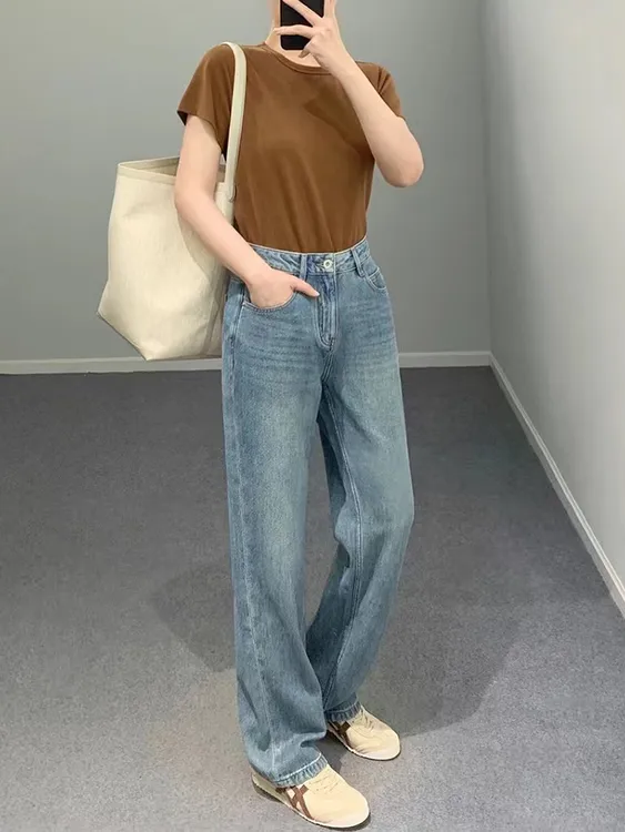 汉麻莱塞尔直筒牛仔裤女2025新款秋季高腰宽松垂感显瘦窄版阔腿裤