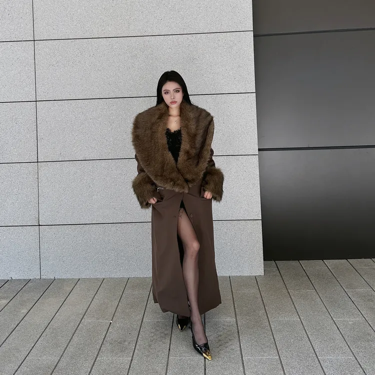 气场全开 高智感大牌御辣风可拆卸毛领两穿超长加厚气场西装外套