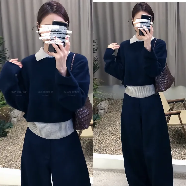 2025秋季新款懒惰感撞色减龄POLO领上衣背心两件套百搭牛仔裤套装