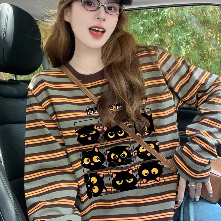 猫咪印花条纹长袖t恤女2025新款秋季打底衫美式复古宽松显瘦上衣
