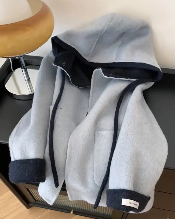 小个子巨好看撞色拼接连帽毛呢外套女2025秋新款韩系气质减龄上衣