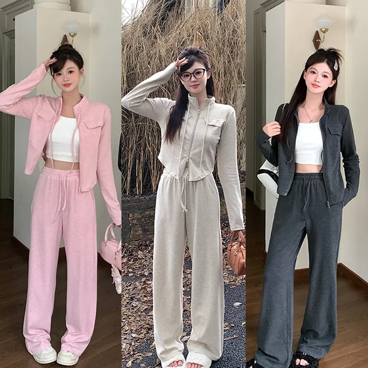 秋款胖mm大码女休闲立领拉链上衣松紧糯米阔腿裤套装20148+20199