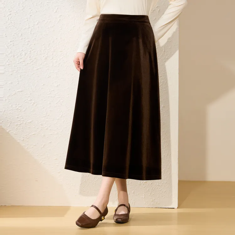 【焦糖慕斯】纤莉秀W大码女装高腰松紧中长款丝绒半身裙QL0638