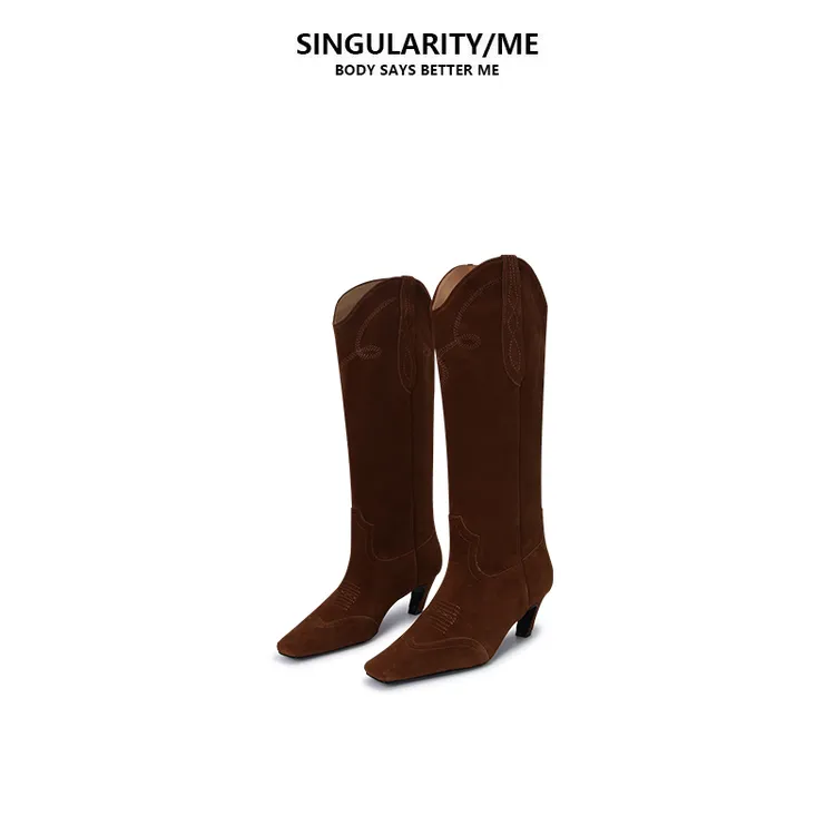 Singularity Me9A 8404 高丝光牛皮复古刺绣猫跟秋冬高筒靴长筒靴