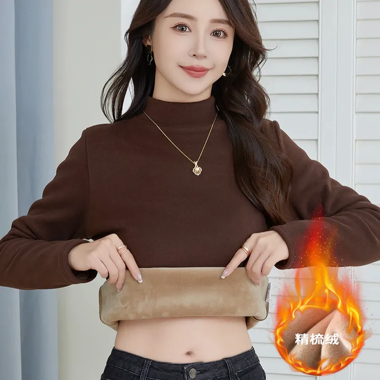 加绒加厚打底衫女半高领内搭精梳绒冬季立领修身一体绒保暖上衣