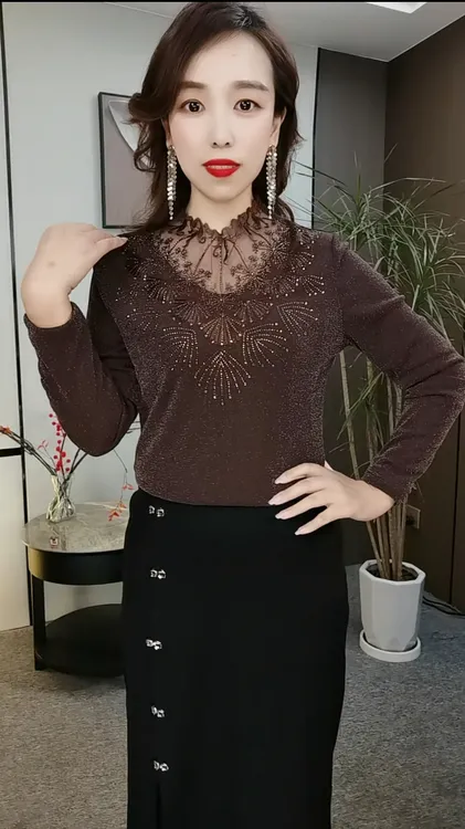 秋冬新款长袖花边领加绒显瘦气质小衫