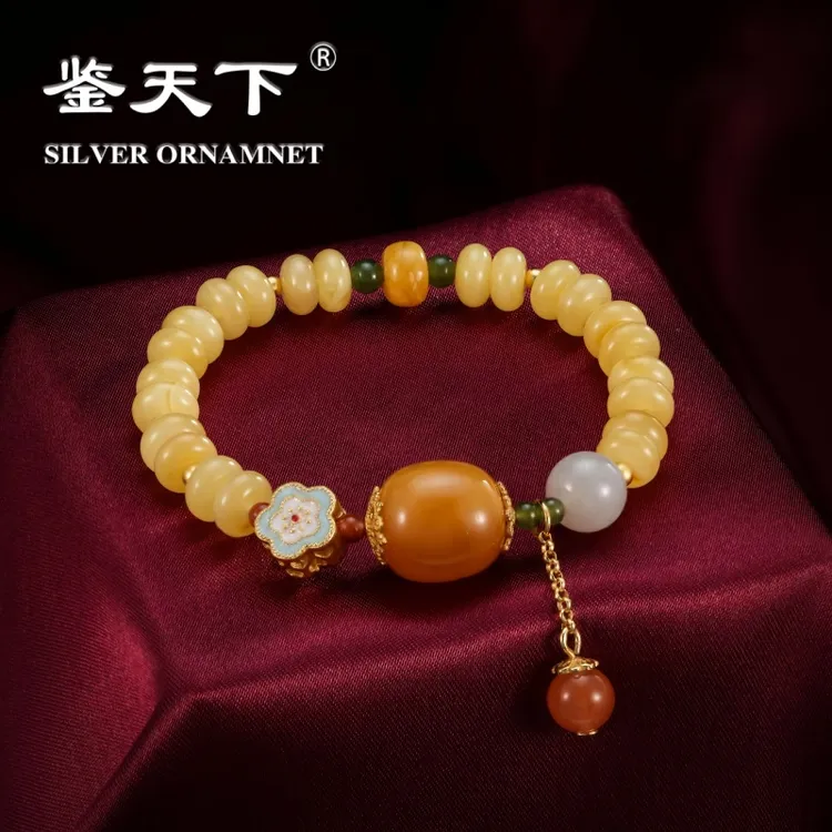 925银镀金蜜蜡扁珠串珠蓝色小花流苏手串06200432