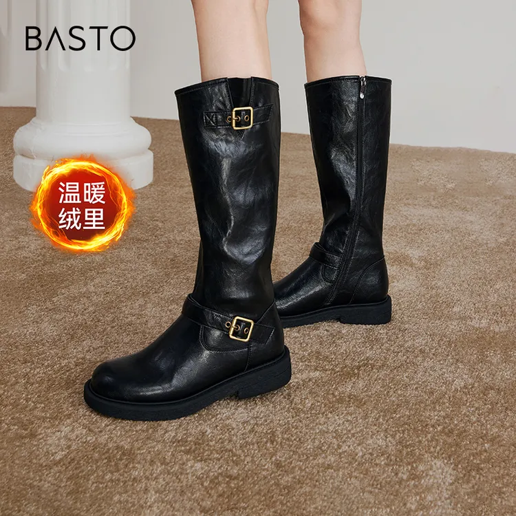 百思图冬季新款时尚户外街头骑士长靴高筒增高女加绒靴子W0819DG4