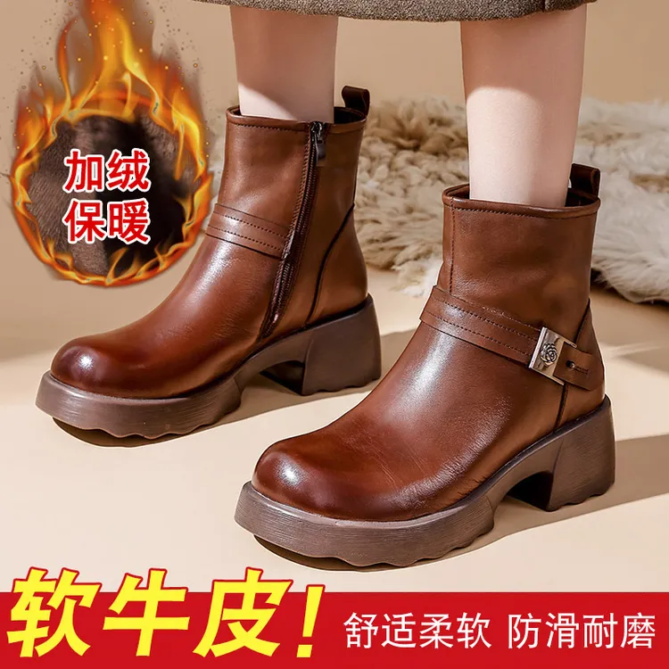 冬季真皮妈妈棉鞋软底舒适靴子加绒加厚女靴女士皮靴防滑耐磨短靴