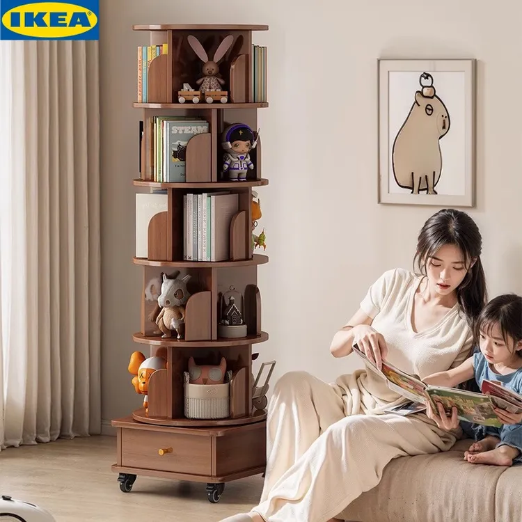 IKEA宜家实木书架带轮圆形旋转360度书柜儿童置物架一体靠墙可移