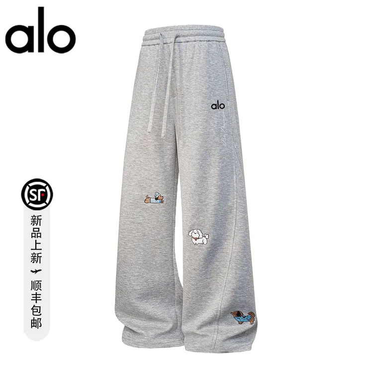 alo潮牌 美式潮流弯刀阔腿运动卫裤情侣小狗刺绣百搭直筒休闲裤