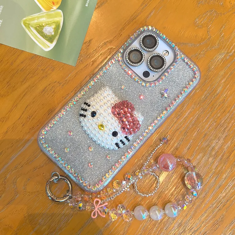 可爱KT猫粉钻闪粉女款适用于iPhone16ProMax苹果15手机壳14 13