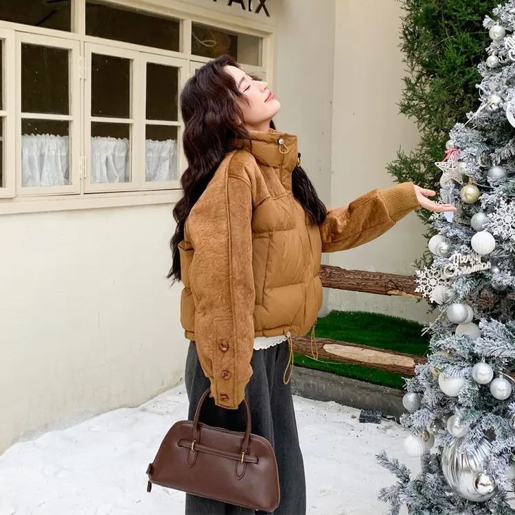 美拉德麂皮绒拼接羽绒服2025冬季新款休闲韩版ins风白鸭绒面包服