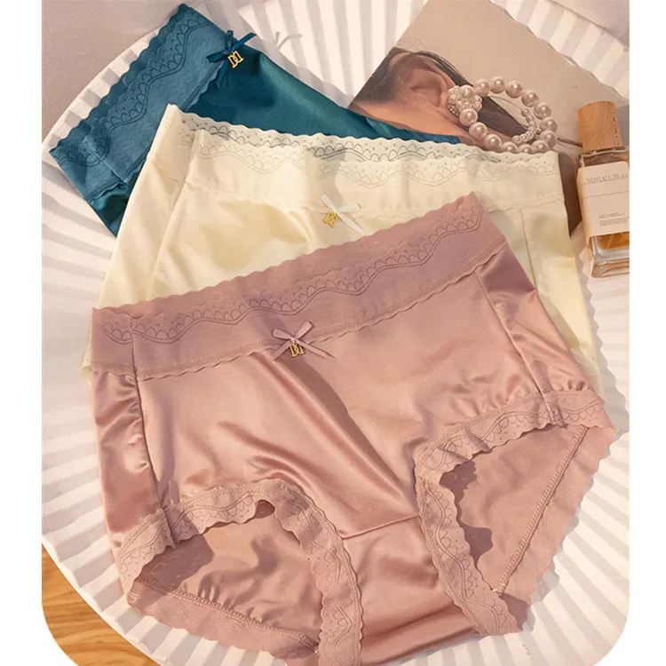 冰丝女士内裤薄款蕾丝边中腰10A抑菌底裆透气提臀大码三角裤女