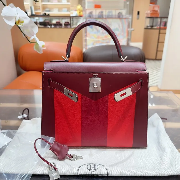 95新 Hermes/爱马仕 Kelly28 三拼色银扣 红拼石榴红拼朱砂红