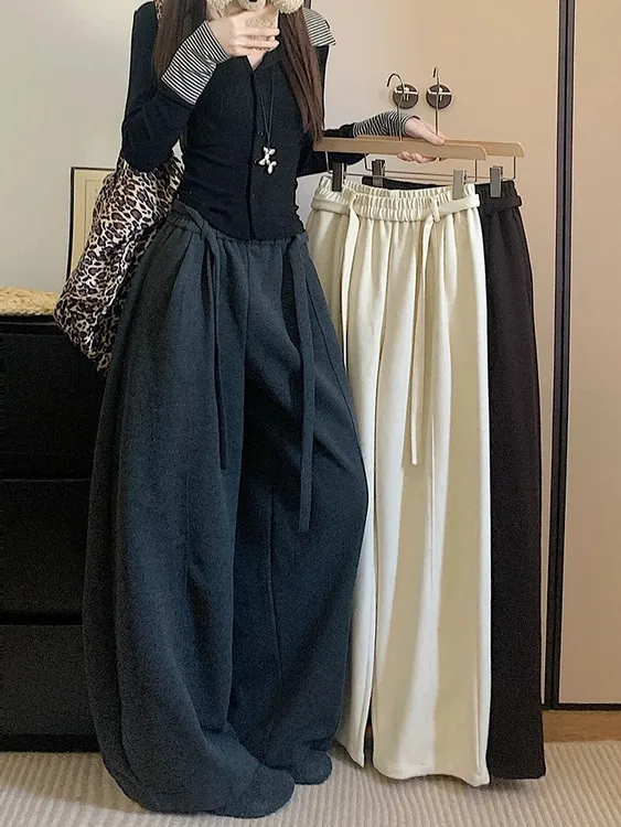 【拿铁专属】复古弯刀裤女秋冬新款宽松加绒加厚休闲垂感毛呢阔腿裤