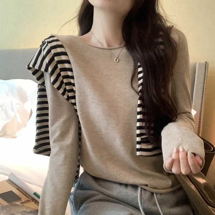 实拍慵懒松弛感长袖内搭针织衫女2024秋冬新款圆领小香风显瘦上衣