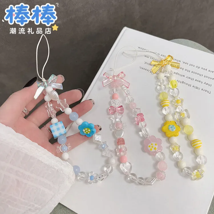 韩系ins甜酷蝴蝶结手机挂链diy手工珠珠串链ccd相机挂链挂饰防丢