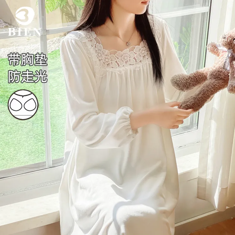 BIEN法式宫廷风海岛绒睡裙女秋冬季新款家居服带胸垫薄绒绝美公主