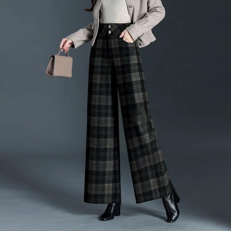 复古格子裤毛呢直筒阔腿裤宽松休闲女裤子2025秋冬新款巨好看长裤