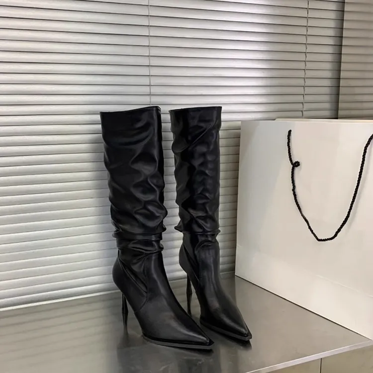 真皮时尚欧美秋冬季骑士靴女2025新款细跟尖头长筒皮靴堆堆靴中高