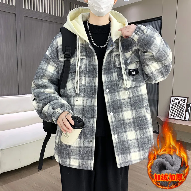 港风宽松冬装男款加绒工装夹克拼色潮流加厚韩版外套棉服
