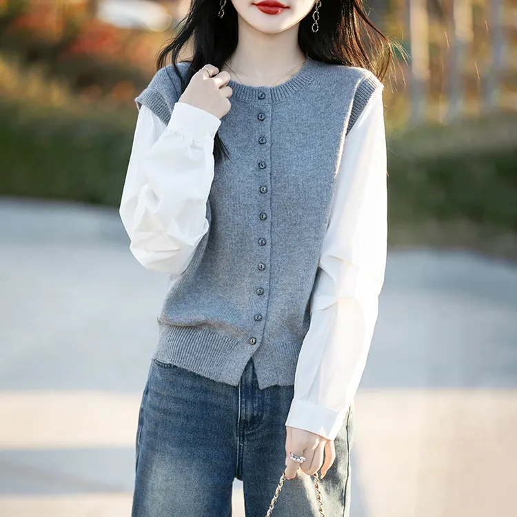 2025圆领新款春秋外搭上衣休闲假两件亲肤绒拼袖针织开衫高级感洋