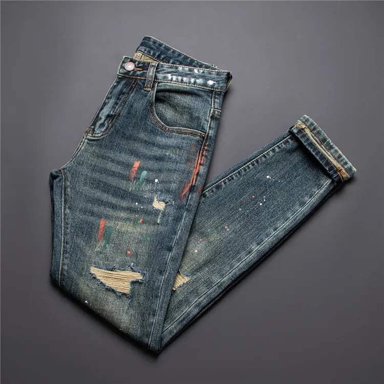 破洞泼漆牛仔裤男潮流百搭2025年新款秋冬修身小脚裤水洗弹力长裤