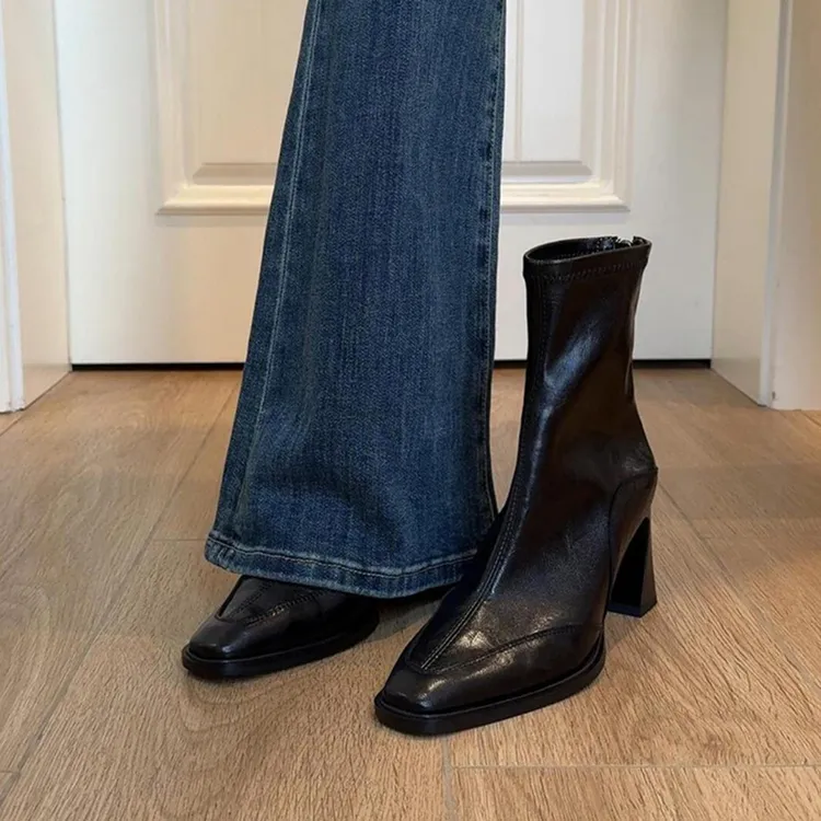 4.5/7.5cm韩版高跟方头瘦瘦靴短靴女粗跟复古马丁靴英伦风单靴女