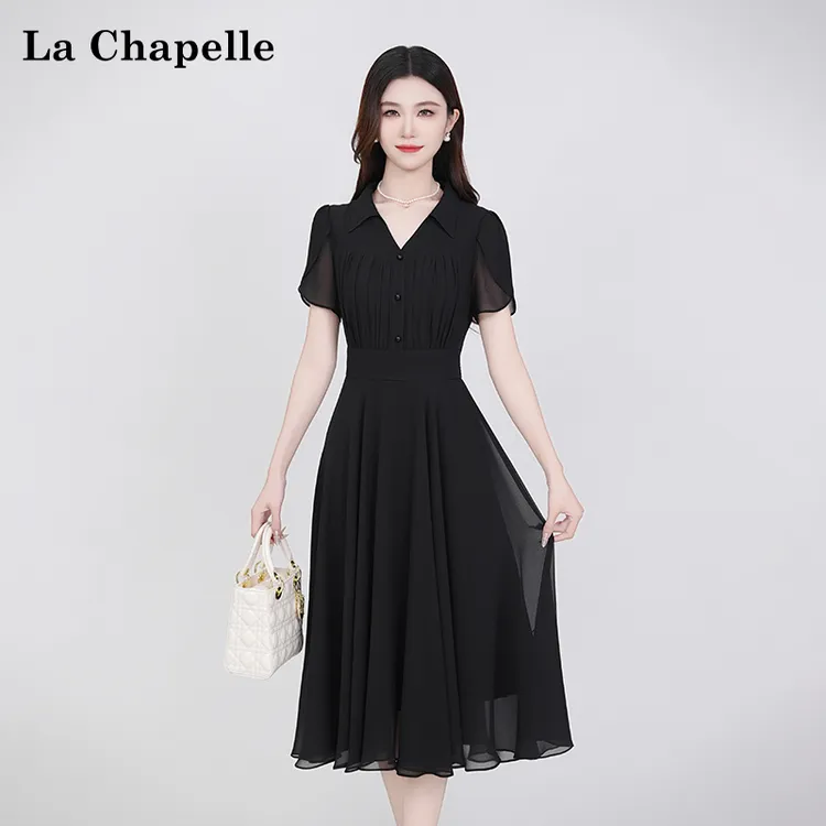 La Chapelle/拉夏贝尔V领荷叶袖黑色显瘦松紧腰长裙连衣裙