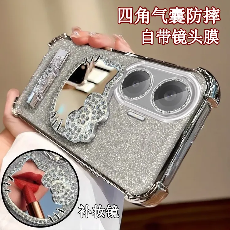 红米Turbo4Pro手机壳水钻KT猫补妆镜子Redmiturbo4pro四角防摔软