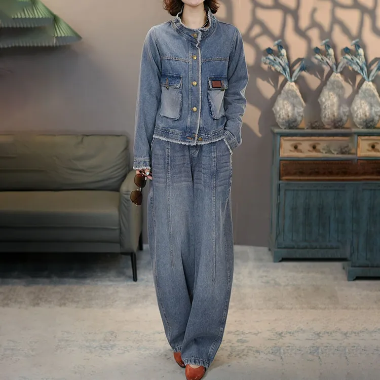 8899-6876蓝套装2025早秋季新款棉长袖外套裤子百搭上衣阔腿裤