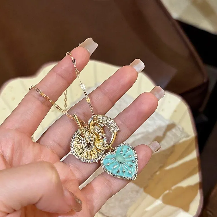 合金项链 vintager古着蓝色太阳花爱心吊坠配饰锁骨链