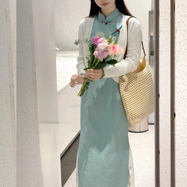 俏娘鱼2025年春季新款青色淑女范新中式改良短袖旗袍优雅日常可穿
