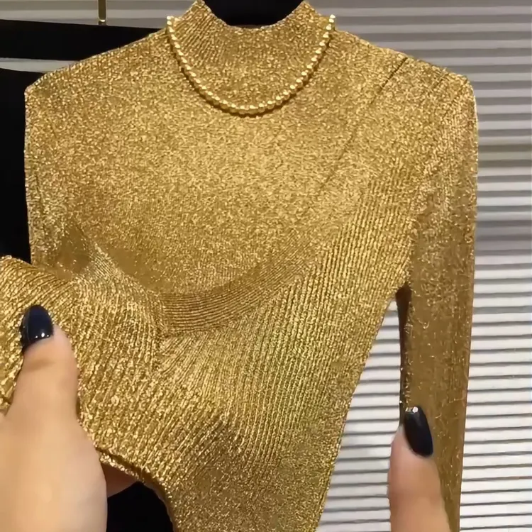 金色亮闪轻熟长袖立领细闪香槟色上衣女早秋高级感设计感针织衫