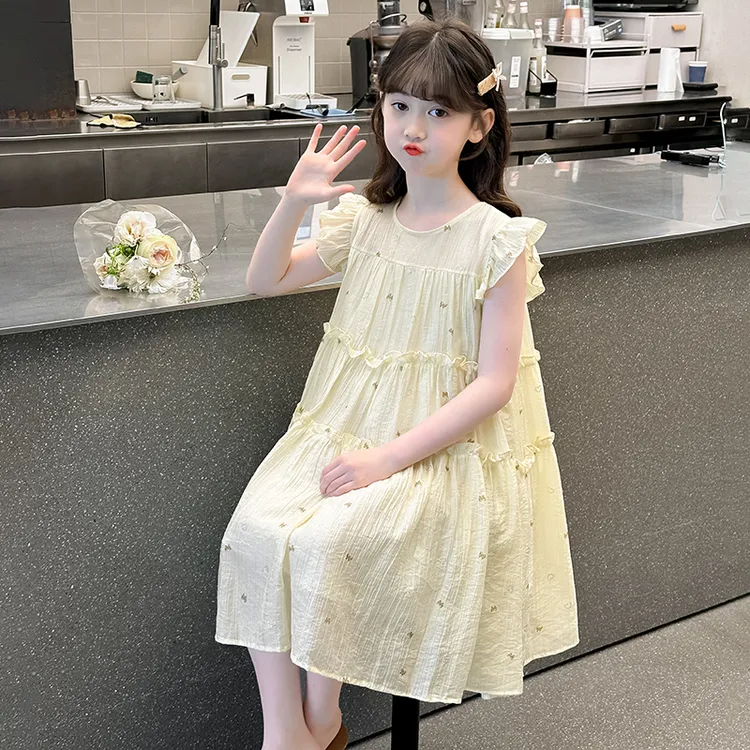女童夏季连衣裙6-12岁女孩洋气网红奶油黄公主裙中大童飞袖裙子潮