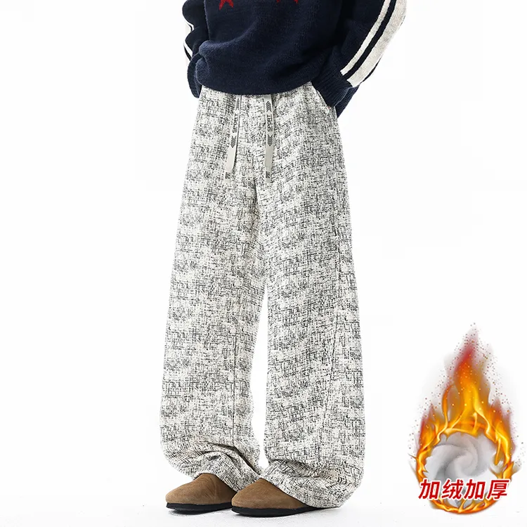 秋冬新款加绒加厚阔腿弯刀裤垂感提花针织肌理感休闲裤保暖百搭