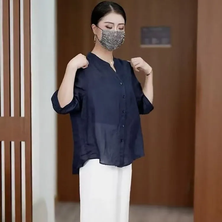 时尚五分袖衬衫套装女气质减龄宽松显瘦阔腿裤两件套