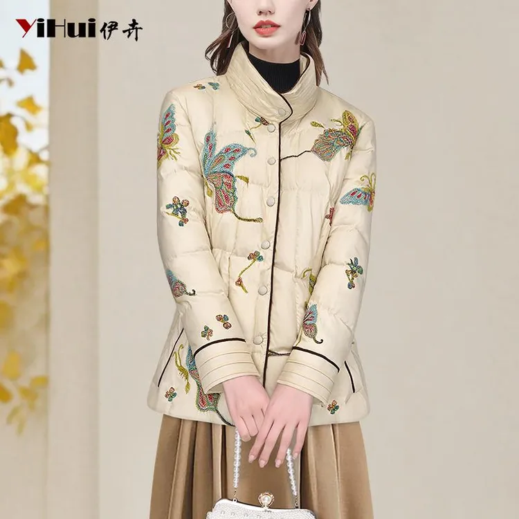 YIHUI伊卉羽绒服女绣花中长款外套气质立领轻国风立领WI257525